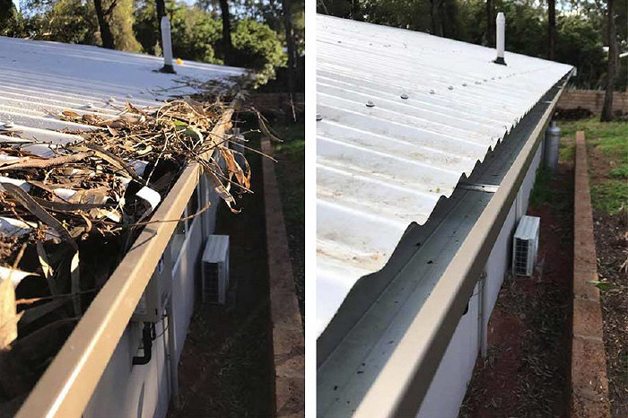 Photo of roof showing gutter full of leaves and twigs and same photo ater showing cleaned gutter