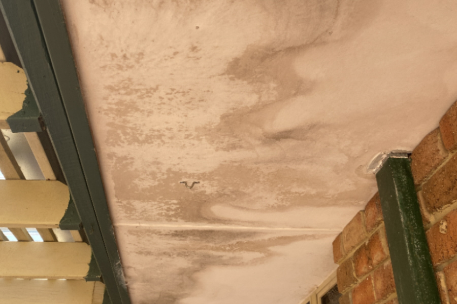 Water damage stain marks and mould growth under house eaves, due to water damage from overflowing gutter